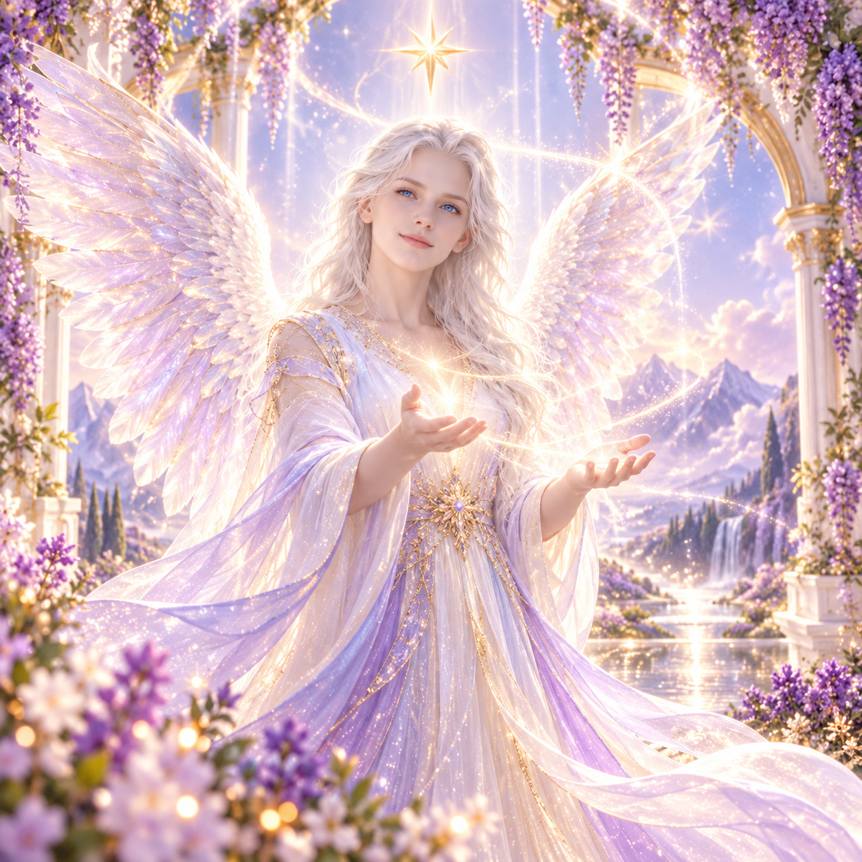 Figura angelical entre luz perla y lavanda, símbolo de conexión espiritual