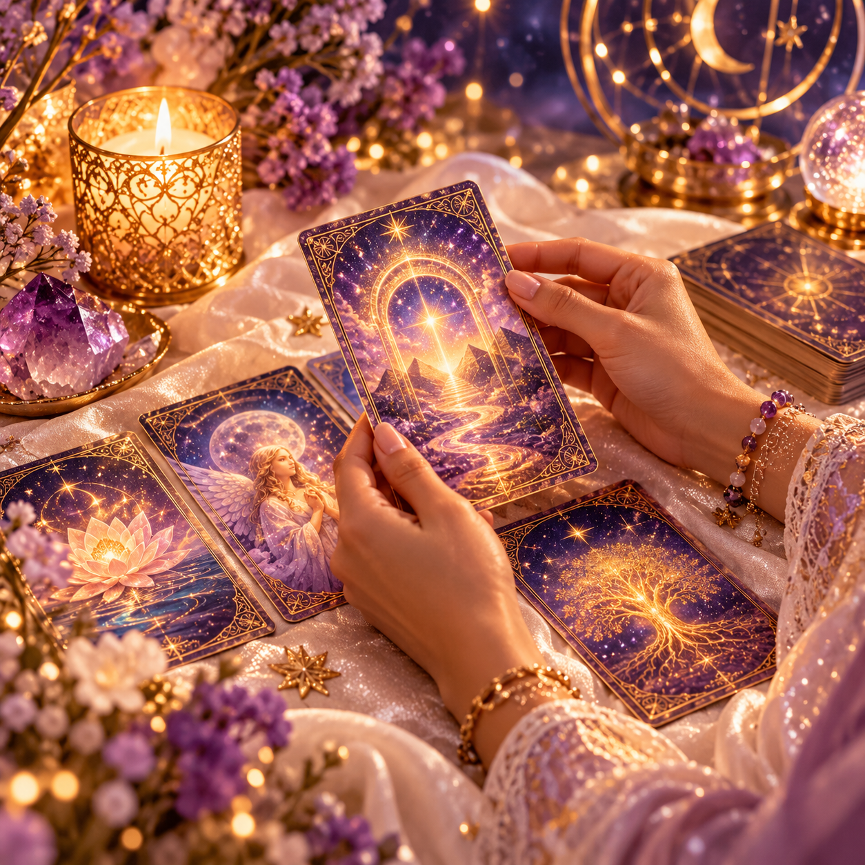 Cartas de tarot entre luz dorada y amatistas